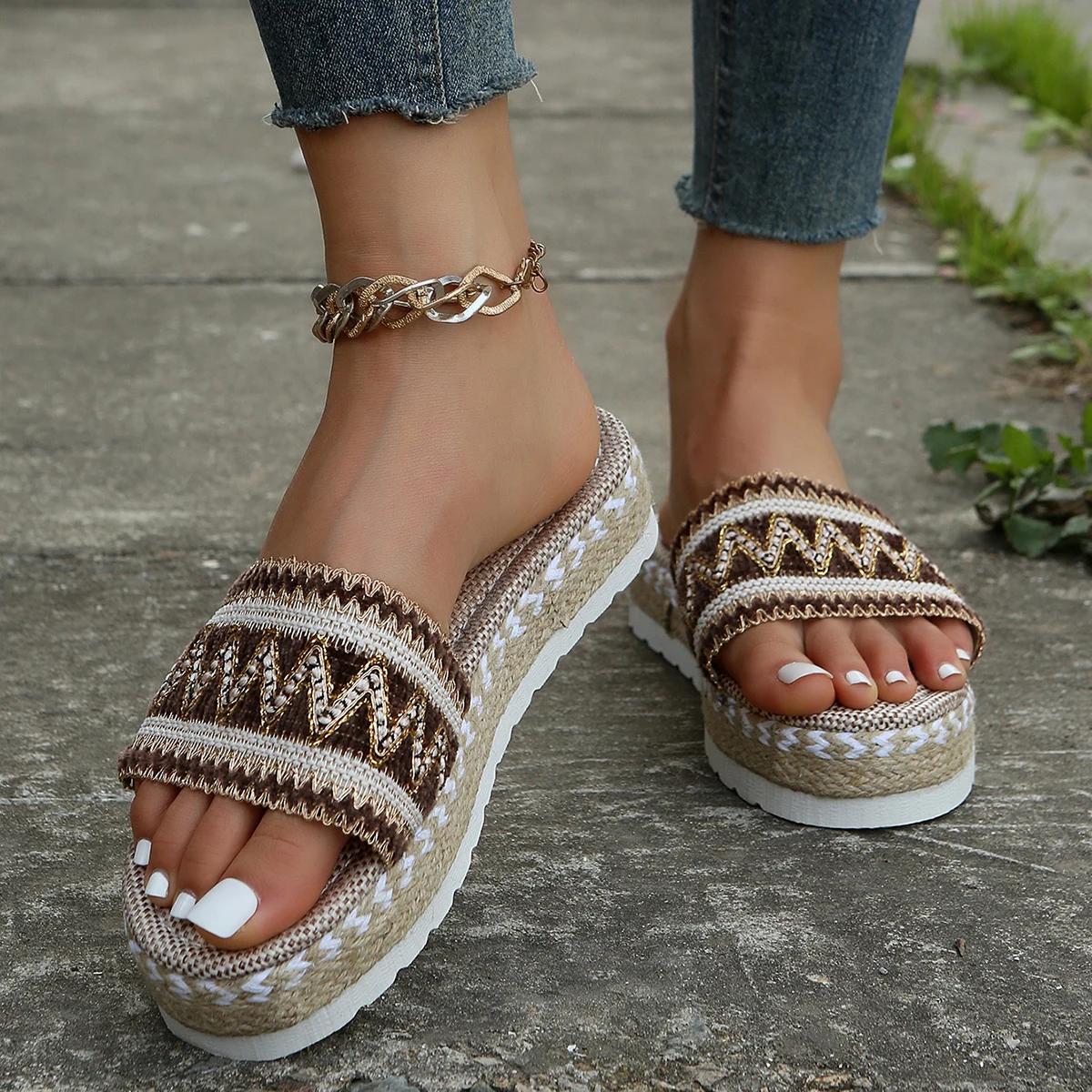 

Fashion Weave Women s Slippers Platform Summer Shoes for Women 2025 New Beach Casual Heeled Sandals Bohemian Handmade Ladies Espadrilles 43 коричневый