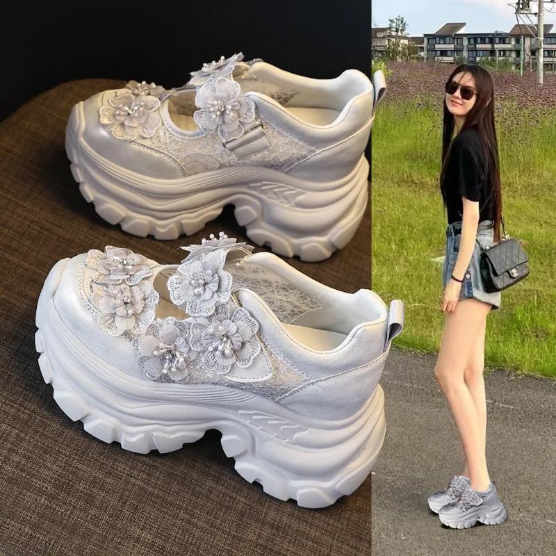 9CM Air Mesh Genuine Leather Chunky Sneaker Fashion Spring Summer Ankle Boots Hook High Brand Comfy Booties Flower Shoes Women