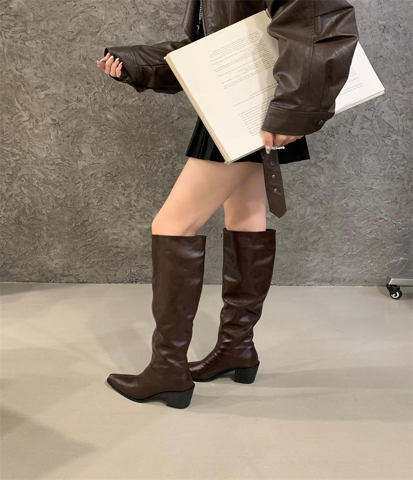 

High-heeled pointed-toed wrinkled piled boots over the knee boots women s 2025 autumn and winter new thick-heeled thin boots knight boots 39 темно-коричневого кольору