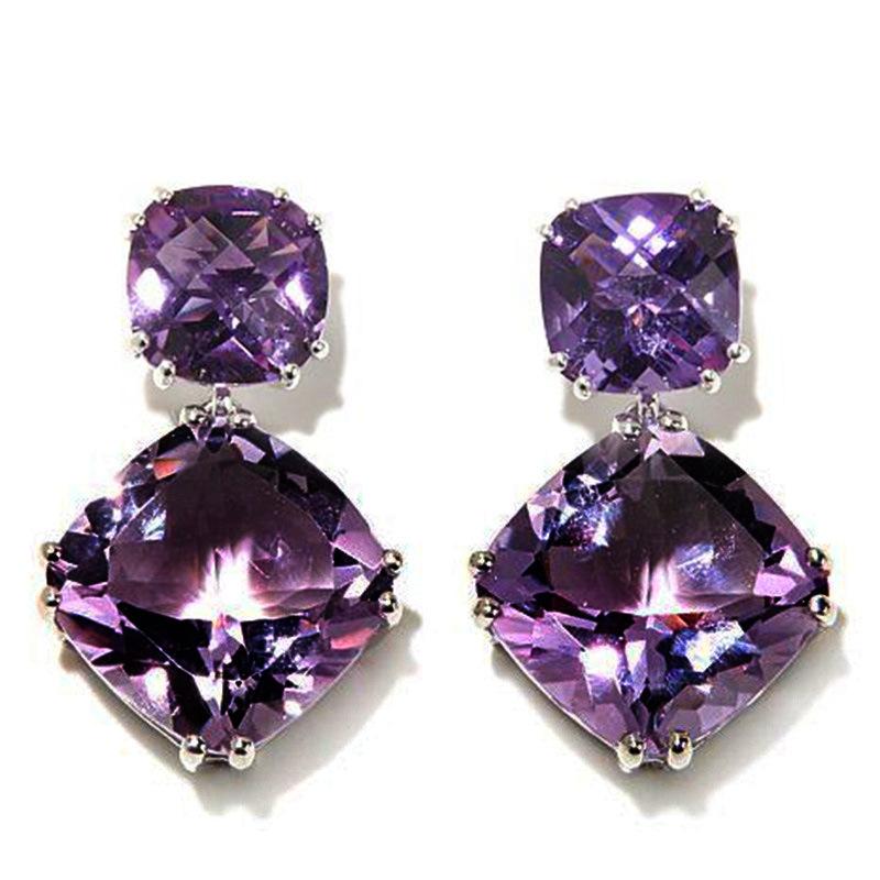 Ladies' Artificial Purple Crystal Pillow Shaped Earrings, Double-layer Purple Synthetic Zircon Pendant Design, Elegant and Gorgeous Jewelry Gift