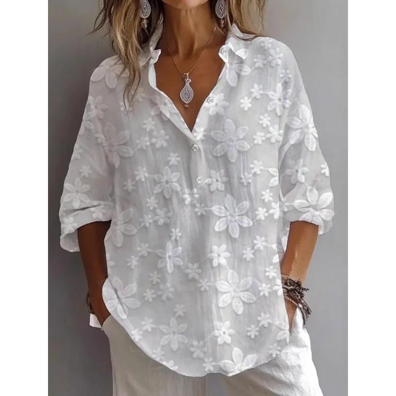 DAFIFY Women's Fashion Casual Summer Spring Flower Pattern Print 3/4 Sleeves POLO Neck Blouses & Shirts