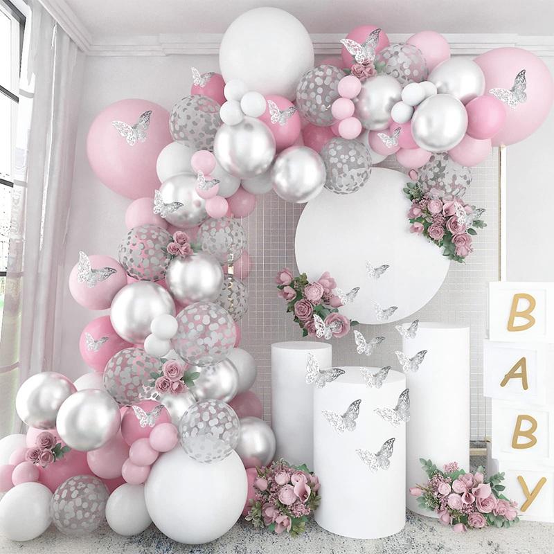 98pcs Pink Silver Butterfly Balloon Garland Arch Kit Birthday Party Decoration Kids Wedding Decor Baby Shower Girl Latex Baloon
