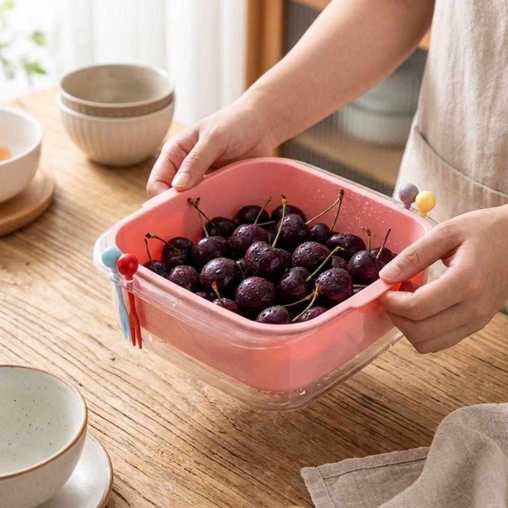 Dual Layer Fruit Water-Filtering Bowl Large Capacity with Strainer Fruit Serving Plate with Lid Plastic Fruit Bowl with Fork