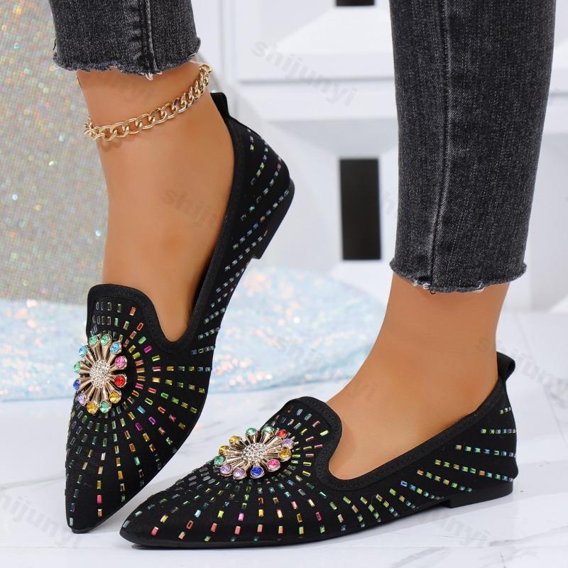Fashion Fashion Rhinestone Design Pointed Casual Single Shoes for Women's 2025 Autumn New Shallow Mouth Comfortable Versatile Flat Shoes