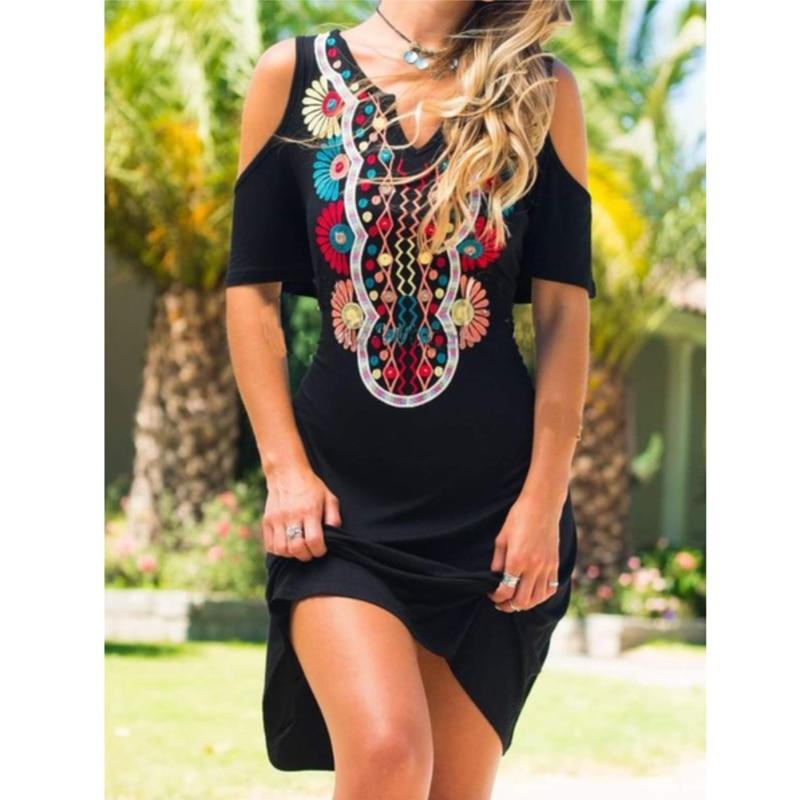 

Племінні сукні з V-подібним вирізом і короткими плечима. Жіноча модна повсякденна сукня з відкритими плечима і круглим вирізом, короткими рукавами, богемна спідниця великих розмірів S чорний