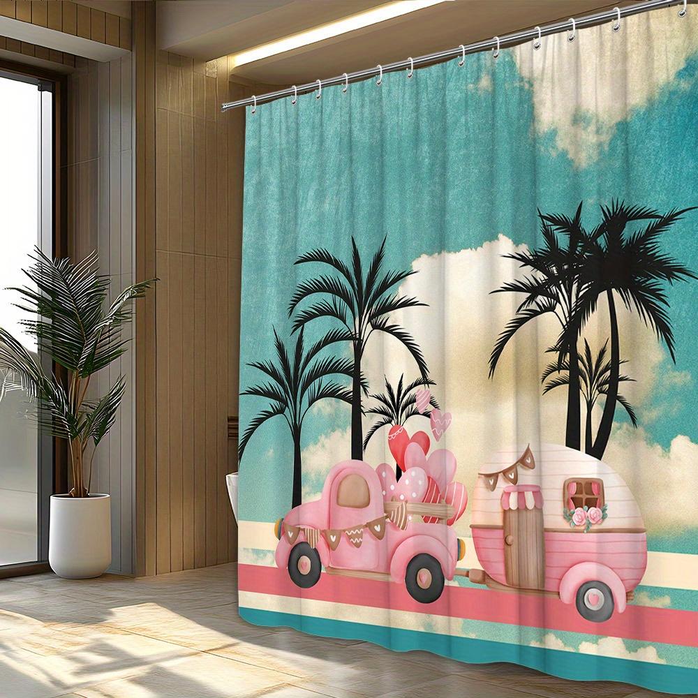 1Pc Pink Vintage Truck Shower Curtain - Heart-Shaped Trailer, Tropical Retro Design, Polyester, Bathroom Decor
