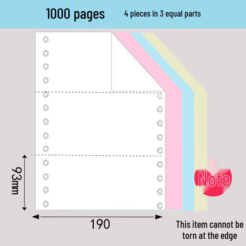 1000 Pages 190-2345 Dot Matrix Three-Part Color Continuous Receipt Paper with Two-thirds/One-third Split