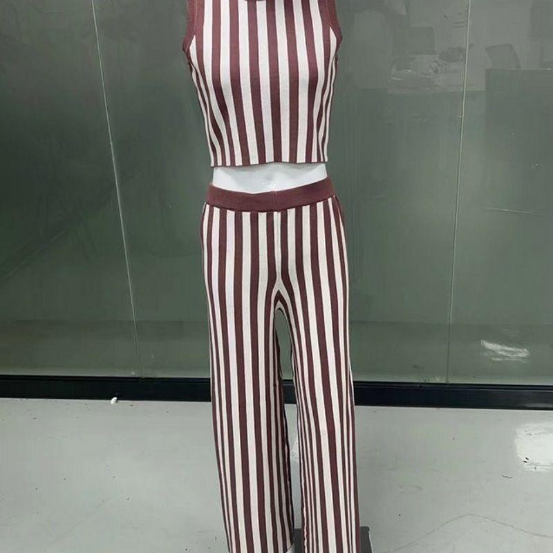 

Versatile New Arrival 2025 Socialite Sleeveless Vest Knitting Suit Stripes Tops Casual Loose Pants Two-piece Set Stripes XL
