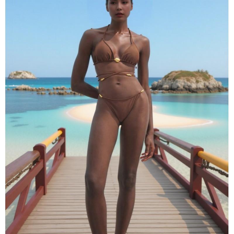 

Beautiful Bikini Swimsuit Women Ins Style Metal Decoration Sexy Backless Pure Desire Split M темно-коричневого