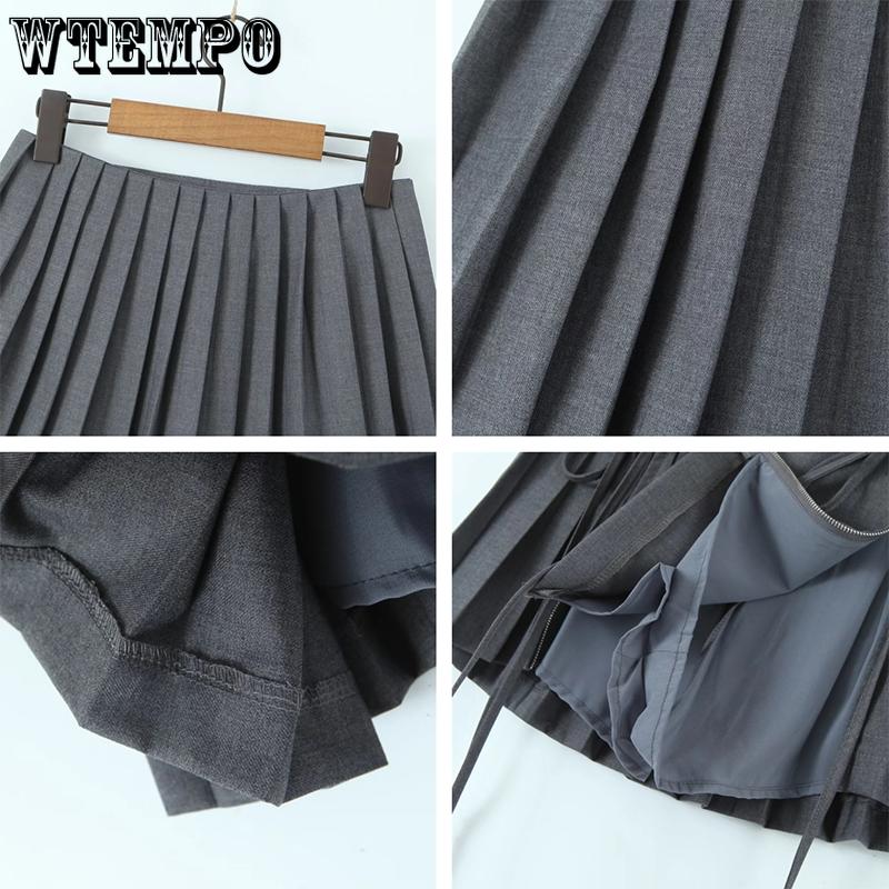 WTEMPO Girl's High Waist Double Drawstring Zipper Short Skirts Women's Solid All-match Pleated A-line Mini Skirts