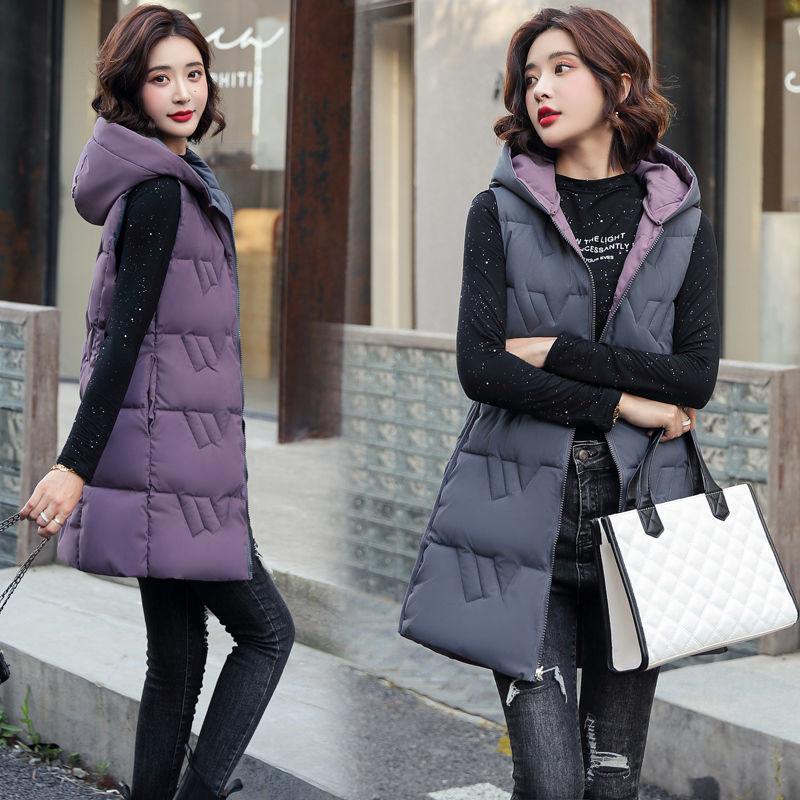 Down Cotton Vest Women's Mid-length Plus Size Thickened Autumn and Winter Fashion Slim Hooded Waistcoat Outer Wear