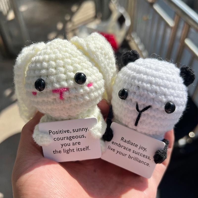 Mini Cute Positive Energy Bear Hug Pocket Dolls Handmade Wool Animal Knitting Desktop Ornaments Christams Gift Home Room Decor