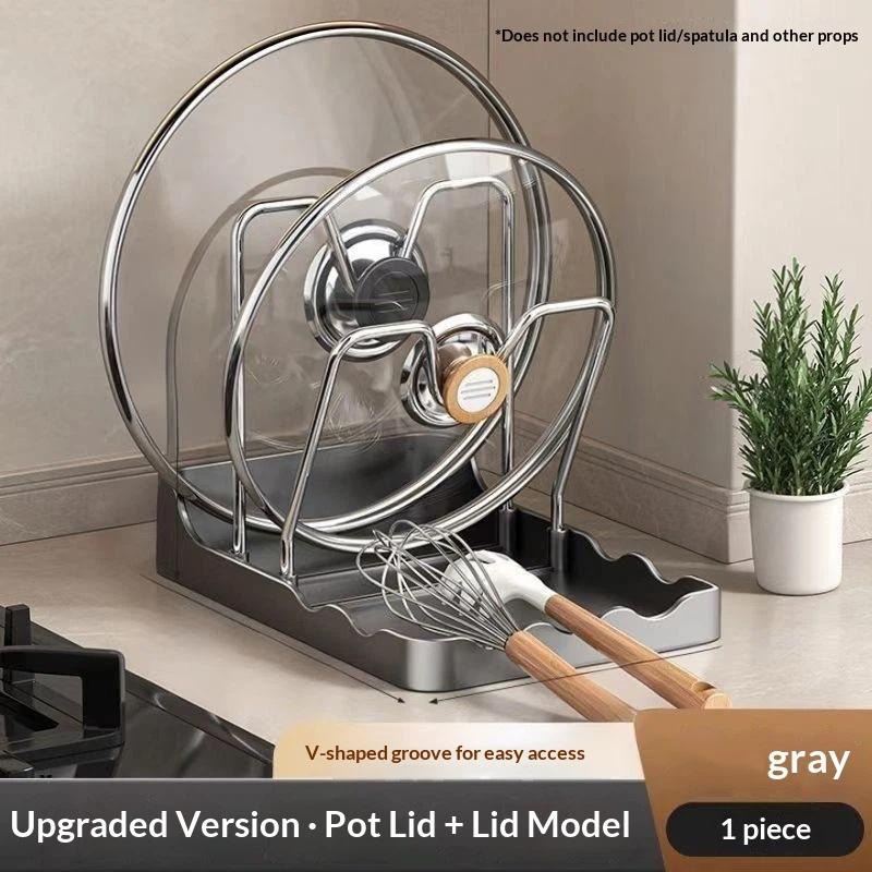 Pan Lid Organizer Double Layer Pot Lid Rack Non-Slip Draining Pot Lid Organizer Large Capacity Kitchen Storage Rack With Tray