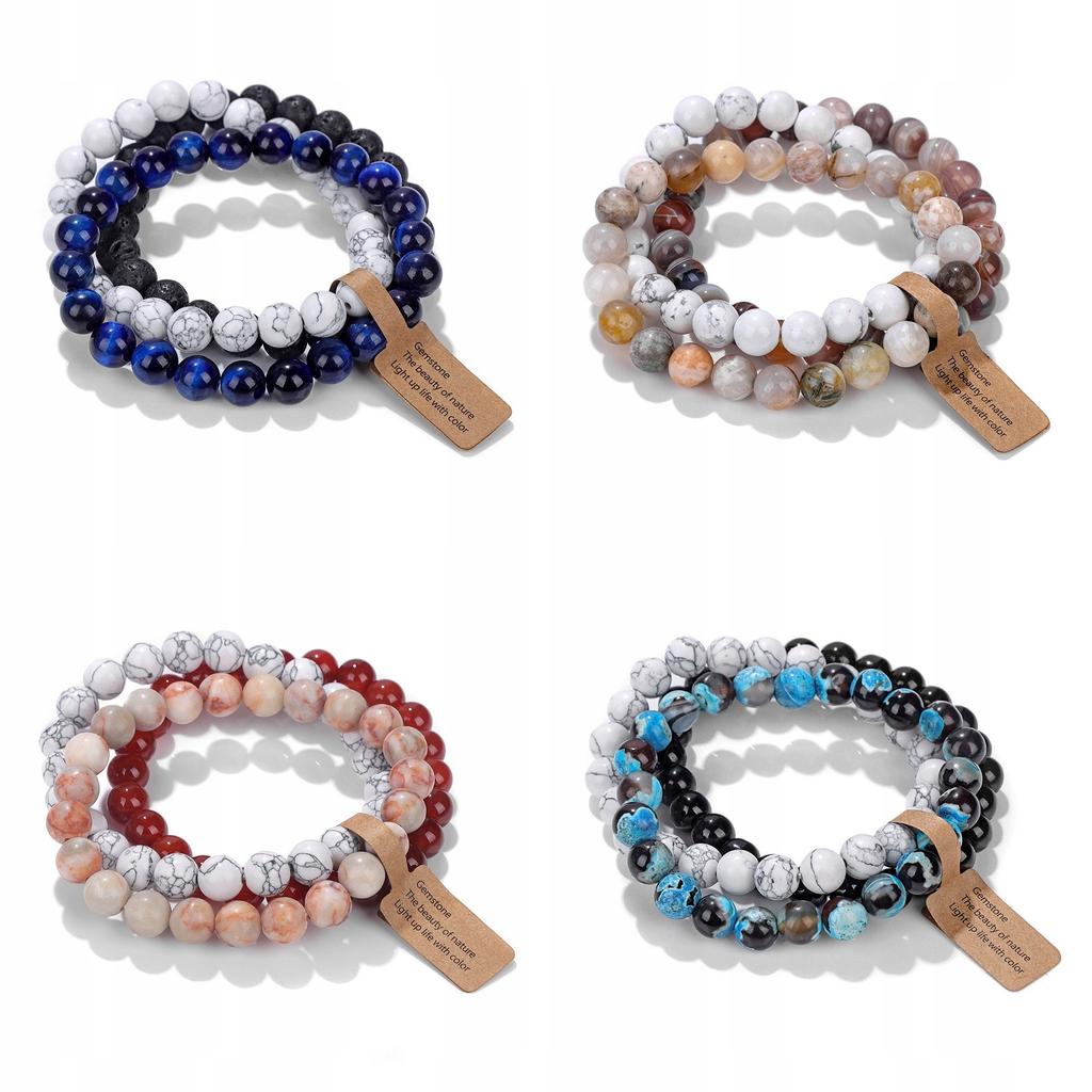 Set of 3 Bracelets 8mm Natural Stone White Howlite Purple Agate Lilac