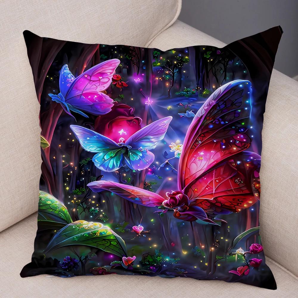 Tecknad Blomma Fjäril Djur Kuddfodral Dekor Blomma Kuddfodral för Soffa Hem Bil Fantasi Skog Mjuk Plysch Kuddfodral
