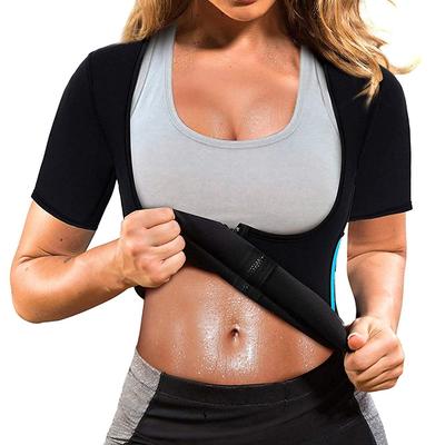 Women Neoprene Sauna Suit Sweat Waist Trainer Vest Gym Workout Tank Top Slimming Body Shaper Shirt with Zipper Short Sleeve Sweatshirt
