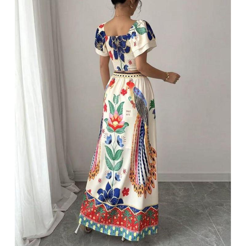 Top and Skirt Set European and American Print Leisure Vacation Bohemian Short Sleeve Top Skirt Sets