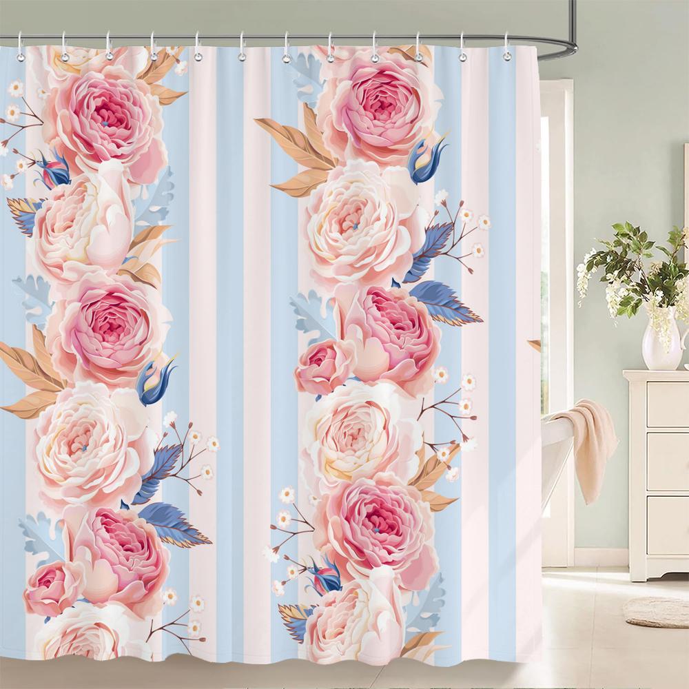 Modern Flowers Shower Curtains Waterproof Fabric Floral Bath Curtains For Bathroom Bathtub Large Wide Bathing Cover With Hooks