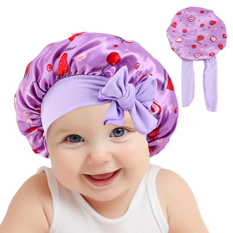 

Wide Band Printed Kids Bonnet Shower Cap Silky Bonnet Curly Hair Boy Girls Adjustable Sleep Night Cap Baby Bow HeadWrap One Size