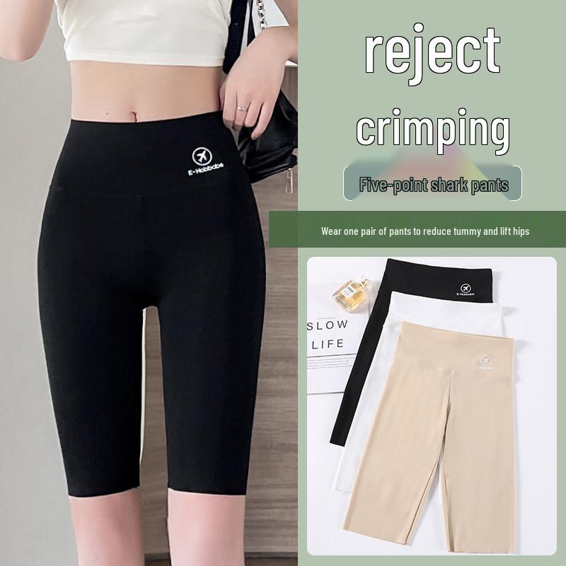 Women's High-Waist Black Yoga Pants - Tummy Control, Lightweight, Five-Point Design for Summer