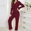 Women 2 Piece Lounge Set Ribbed Button Down Lapel Collar Bowknot Pajamas Set Long Sleeve Soft Comfy Pjs Sleepwear