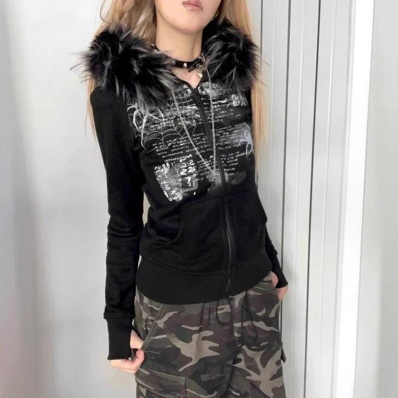 Y2K European and American millennial style hot stamping retro autumn and winter women's zipper slimming hooded sweatshirt