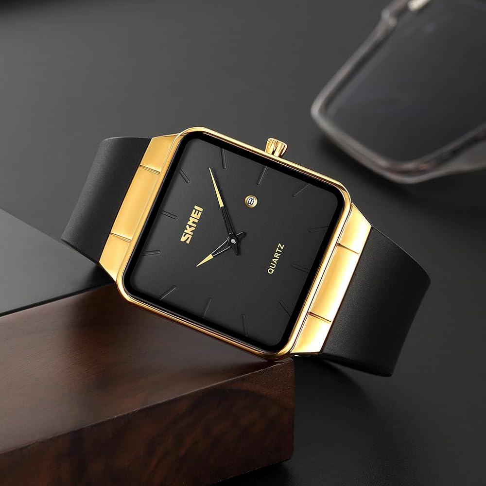 Square Men's Watch Leather Strap Black Simple Slim Stylish Waterproof Business Casual Gold Black