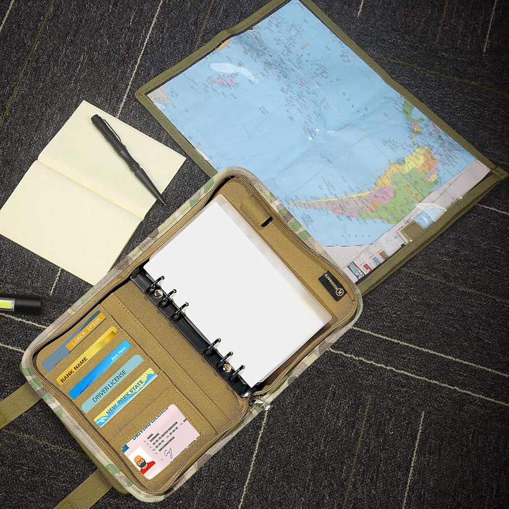 Military Padfolio Ring Binder with 45 Sheets, Weatherproof Tactical Notebook Cover with Zippered for Folders, Cards, Army Military Notebook, Detachabl