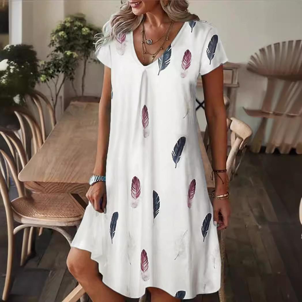Women s Short-sleeved V-neck Loose Casual Printed Midi Dress S