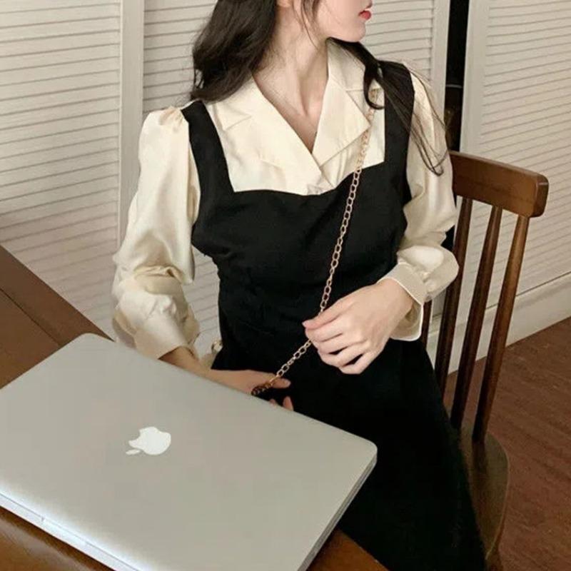 Women's Fake Two Suspenders Long Sleeve Dress Waist Slimming Hepburn Style Dress