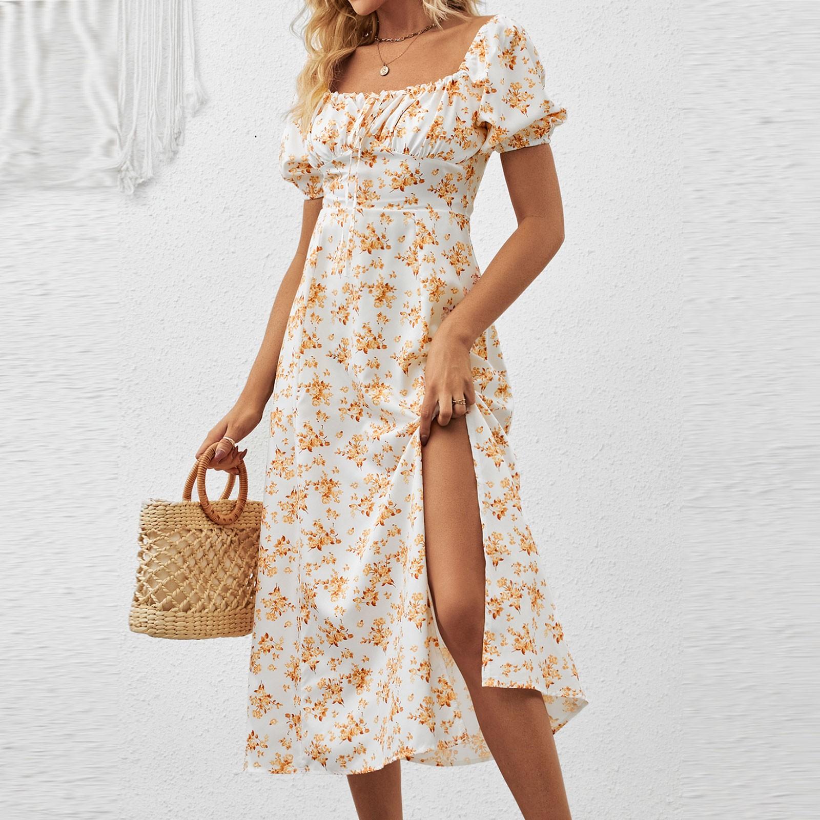 

Women s Summer Fashion Solid Color High Waisted Bubble Sleeve Waist Dresses XL