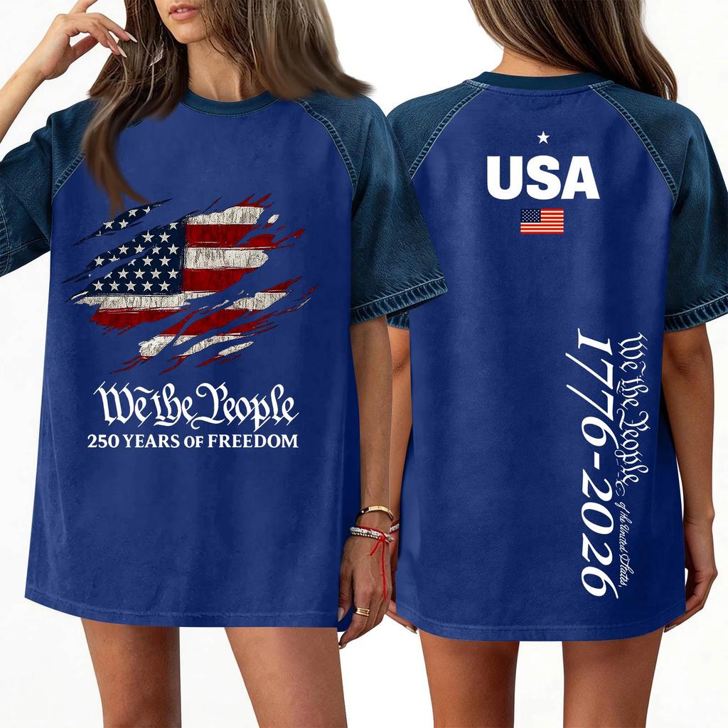 Women's Denim Patchwork Top, Casual Short-sleeved Comfortable T-shirt, Fashionable For Spring And Summer.