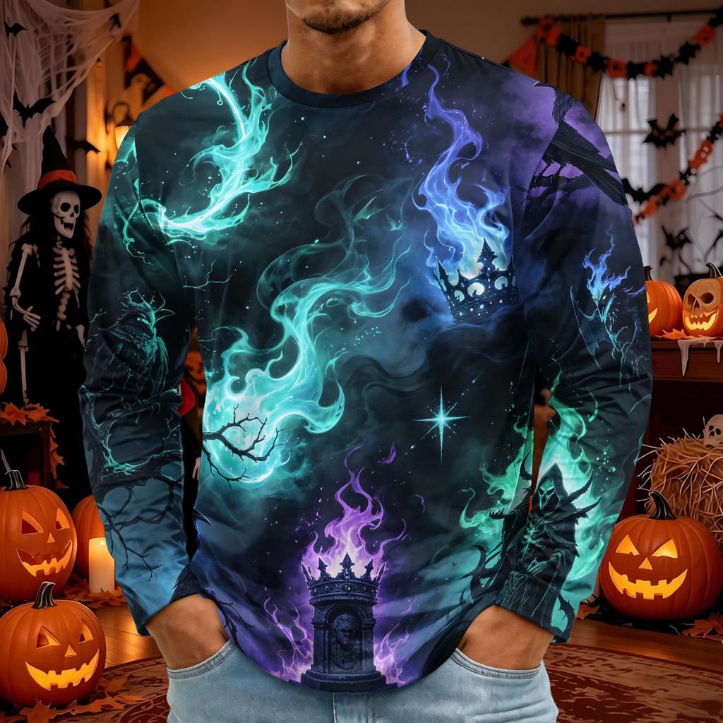 Men's Halloween Printed Long Sleeve Neck T-Shirt for Costume Party