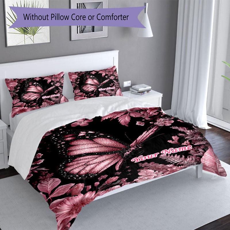 3PC Custom Name Pink Butterfly Garden Bedding Set Duvet Cover Closure Includes 1 Duvet Cover & 2 Pillowcases for Bedroom