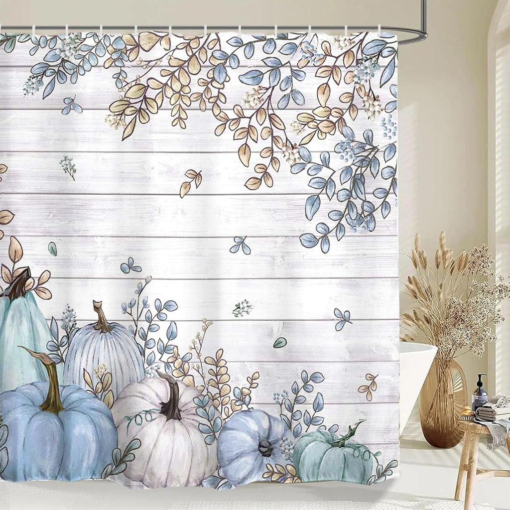 Baccessor Herbst Erntedank Blau Weiß Kürbisse Duschvorhang Eukalyptusblätter Herbst Duschvorhang Polyesterstoff Badezimmer Bad Heimdeko