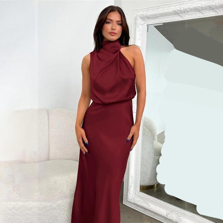 Elegant Women Summer Halter Sleeveless Long A-Line High Waist Solid Color Evening Dresses