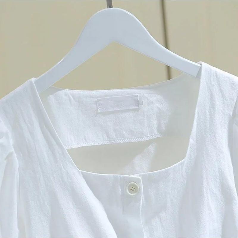 WTEMPO Brand Summer Square Neck French Women's Short Sleeve Shirt Short Loose Bubble Sleeve Waist Waist Exposed Collar Slim Top