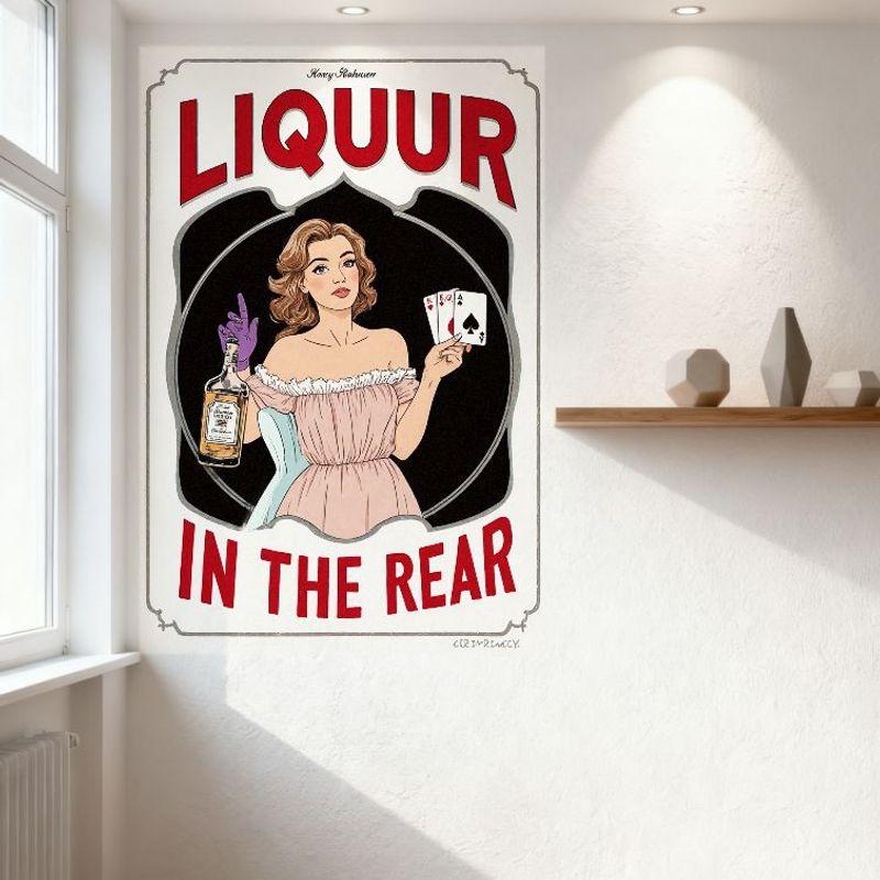Vintage Sexy Liquor 'In the Rear' Pin-up Metal Sign - Retro Aesthetic Woman with Liquor Bottle & Ace of Spades for Bar Pub Wall