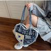 Fashionable Denim Canvas Bag Creative Design Heart-shaped Contrasting Star Pattern Denim Bag New Retro Casual Crossbody Hole Bag