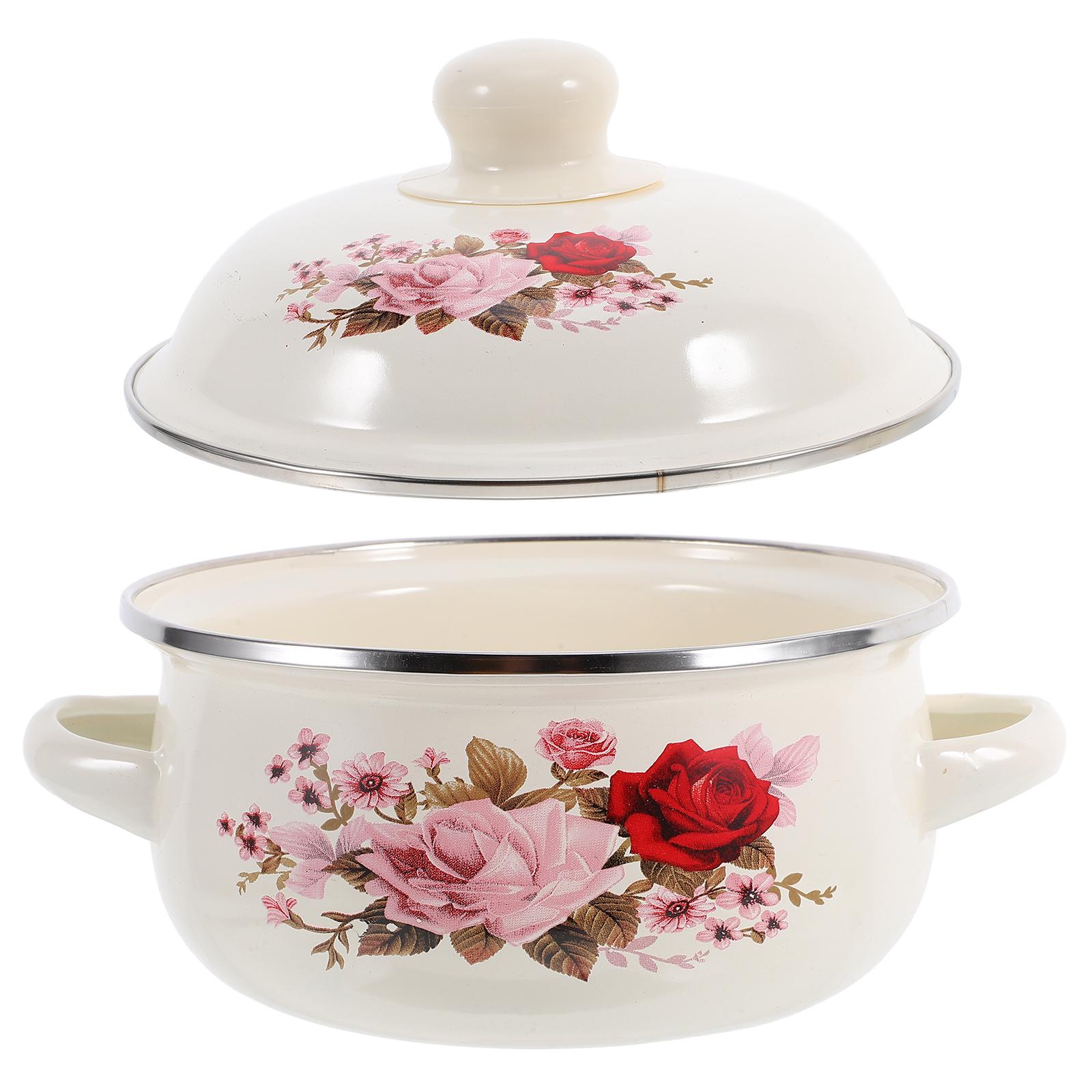 Enamel Soup Pot Stock Stew Chinese Bowls with Lid Ramen Kitchen Stockpot Pans for Cooking Cute