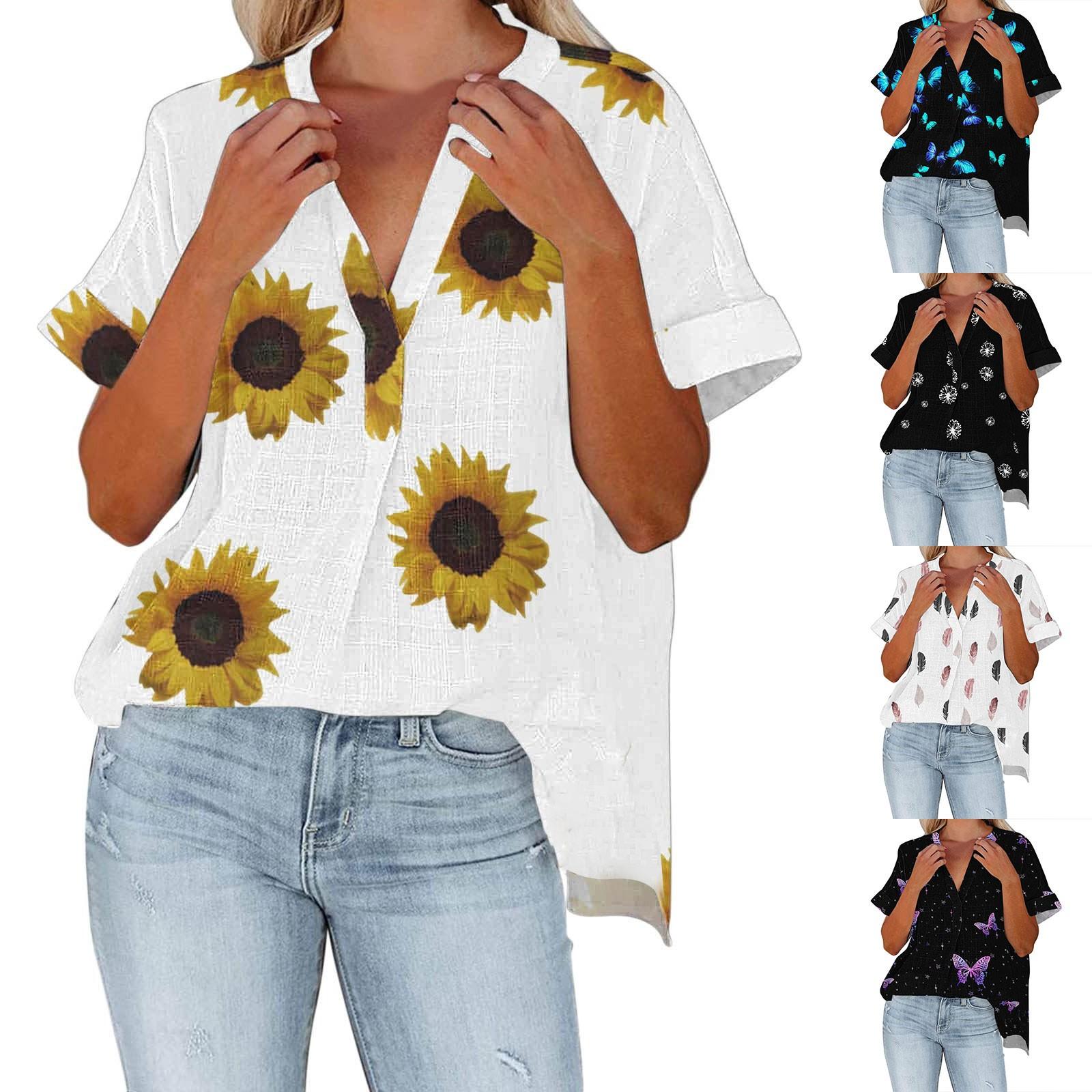 

Женская мода с v-образным вырезом, свободный топ с короткими рукавами, рубашка с нерегулярным принтом