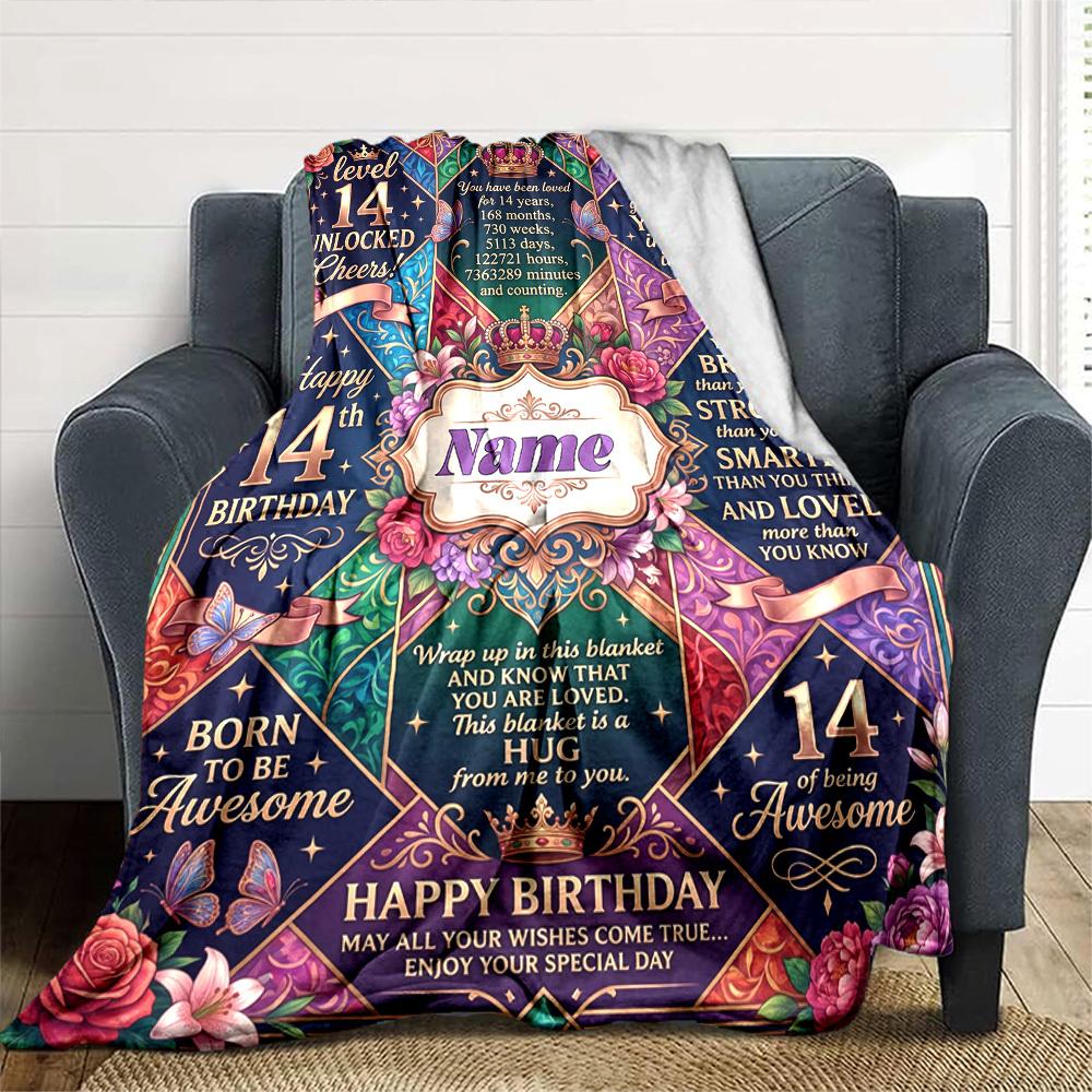 14Th Birthday Celebration Personalized Name Flannel Blankets Are Versatile Serving As Bed Blankets Office Shawls And For Home And Outdoor Camping