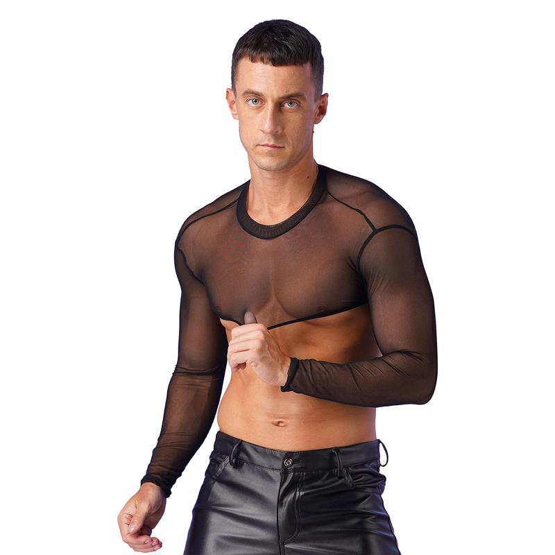 Mens See-Through Sheer Mesh Half Tank Tops Shirts Long Sleeve Body Chest Harness Crop Top Sexy Tanks Arm Sleeves Shrug Clubwear