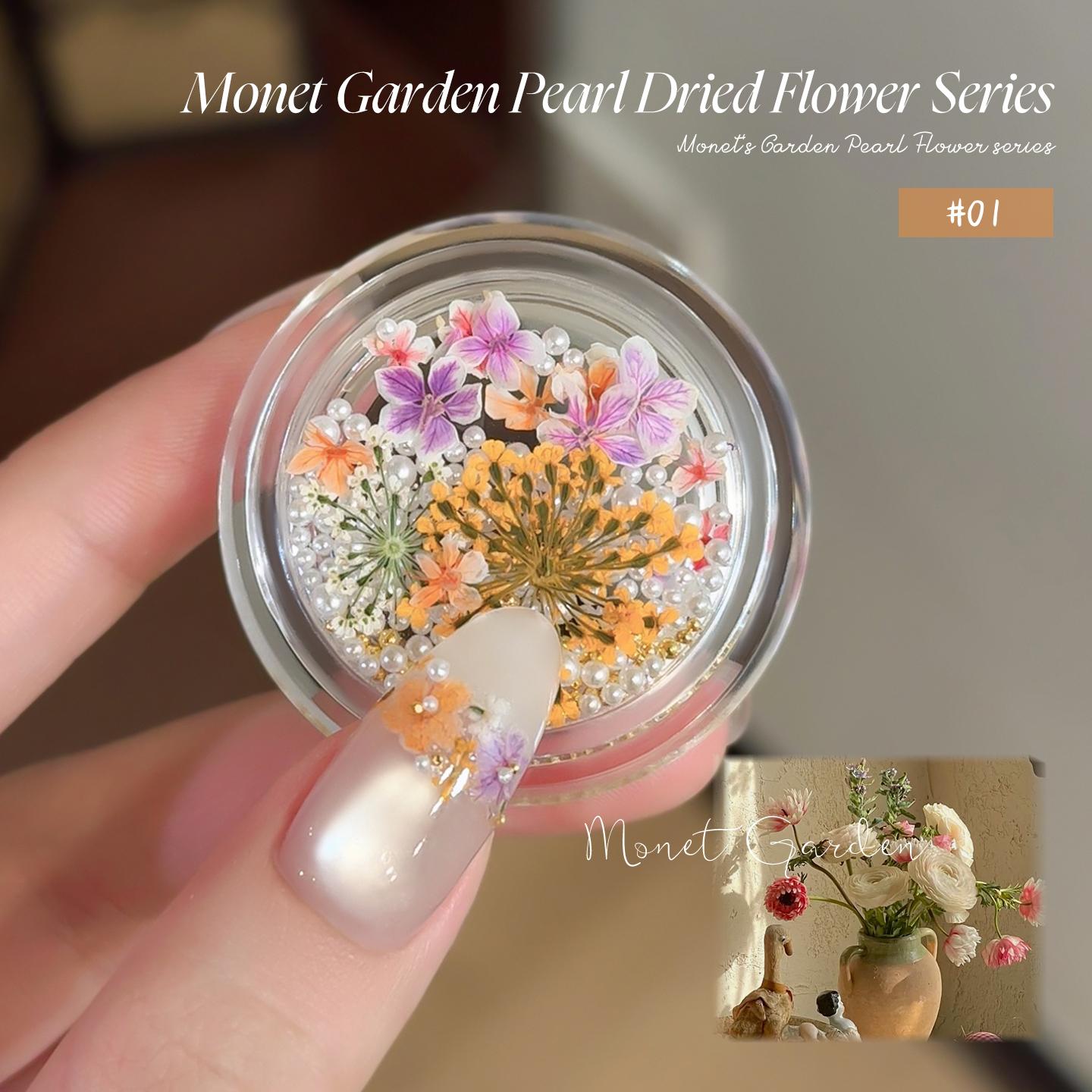 Missgooey New 4Color Monet Garden Real Pressed Mini Dried Flowers Small Round Pearls Rhinestones for Nail Art DIY Manicure Decor