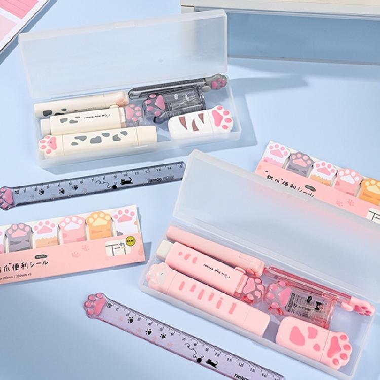 9 Pcs Cats Paws Stationery Set Eraser Correction Tape Pencil Case Class Reward Prizes Learning Gift Box for School