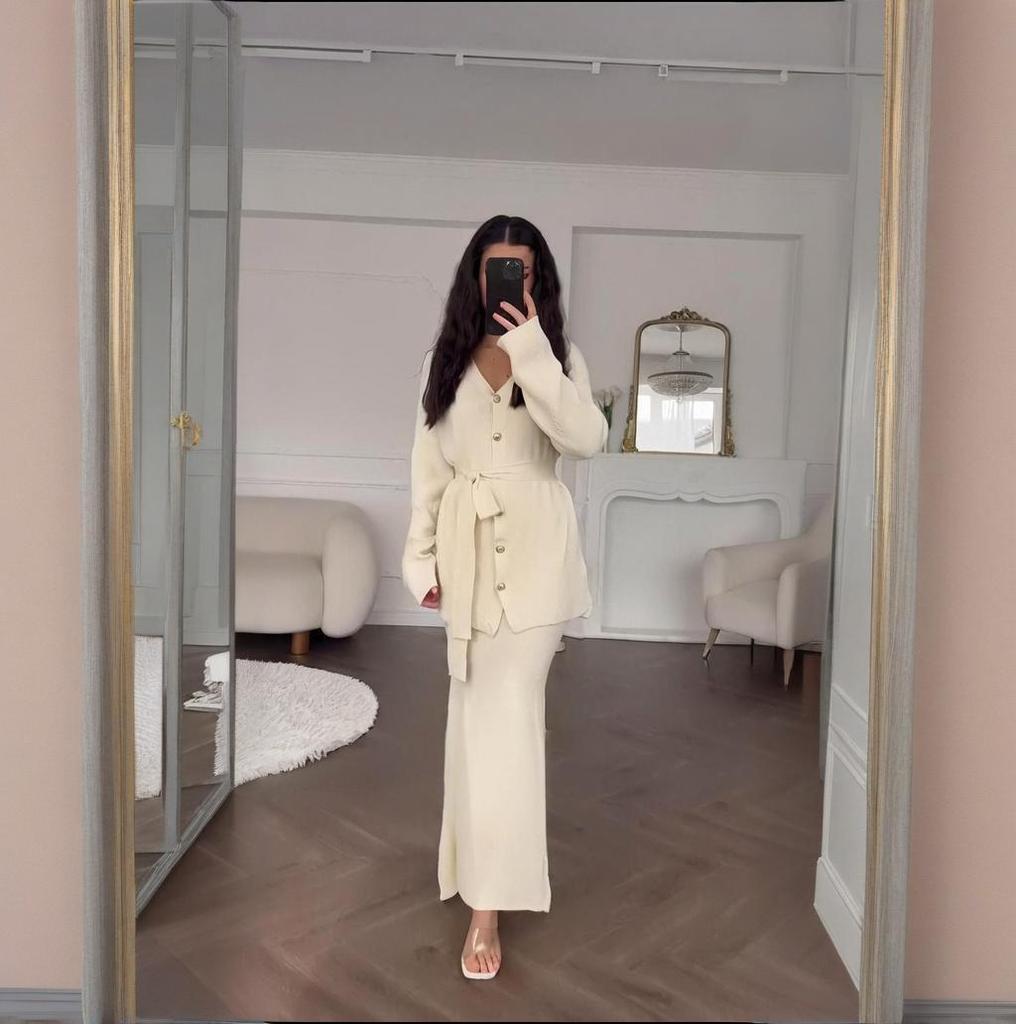 2025 cross-border European and American autumn new cardigan temperament commuter lace-up waist fairy hip skirt women's clothing