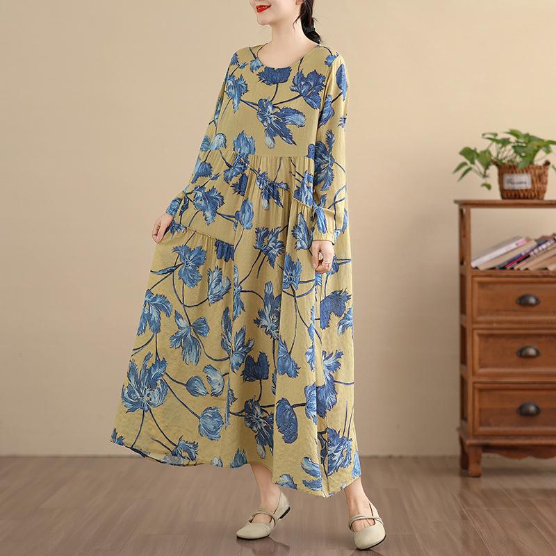 DIMANAF New 2026 Women Long Dress Plus Size Spring Summer Vintage Loose Oversize Long Sleeve Maxi Floral Print