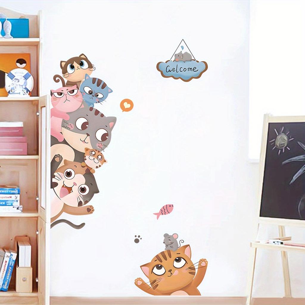 Cartoon Cute Cat Smiling Face Peeking At Animal Door Stickers Removable for Bedroom Living Room Nursery Decoration Wall Decal