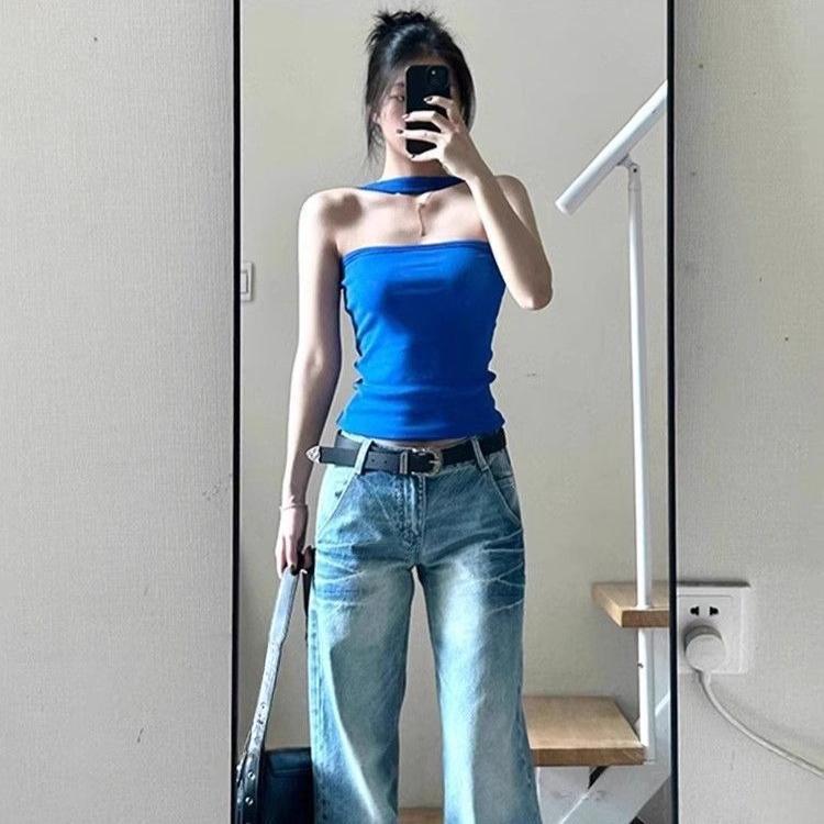 Sexig Blå Halterneck Sommar Strand T-shirt Ärmlös Smal Passform Söt Kryddig Topp för Kvinnor