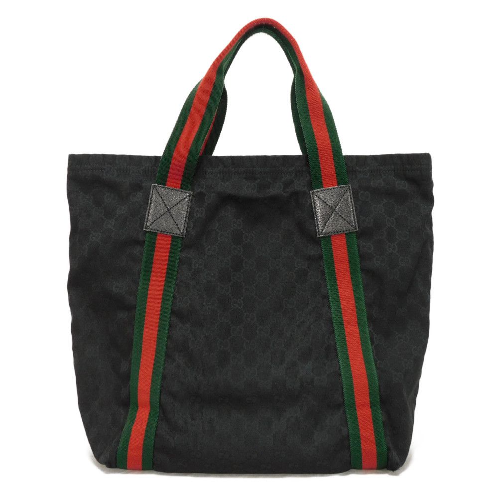 Used 9539 GG Canvas Tote 189669 7924 A4 Cotton Calfskin Web Stripe Green Red Logo Embossed Black Unisex from Japan